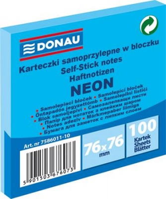 Samolepiaci poznámkový blok, 76x76 mm, 100 listov, DONAU, neónovo modrá