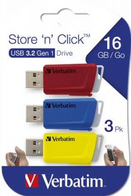 USB kľúč, 3 x 16GB, USB 3.2, 80/25MB/sec, VERBATIM "Store n Click", červená/modrá/žltá